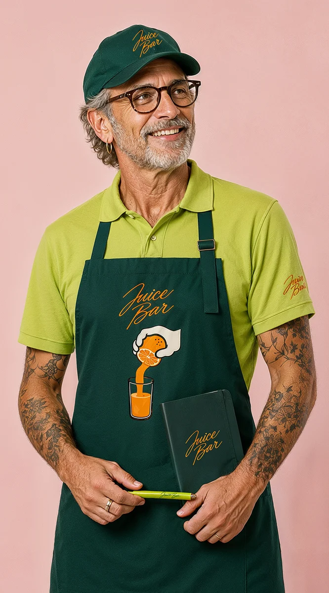 Een medewerker van een frisdrankfabrikant die een groene promotiepet en een schort met bedrijfslogo draagt en een relatiegeschenkpen met logo in zijn hand houdt